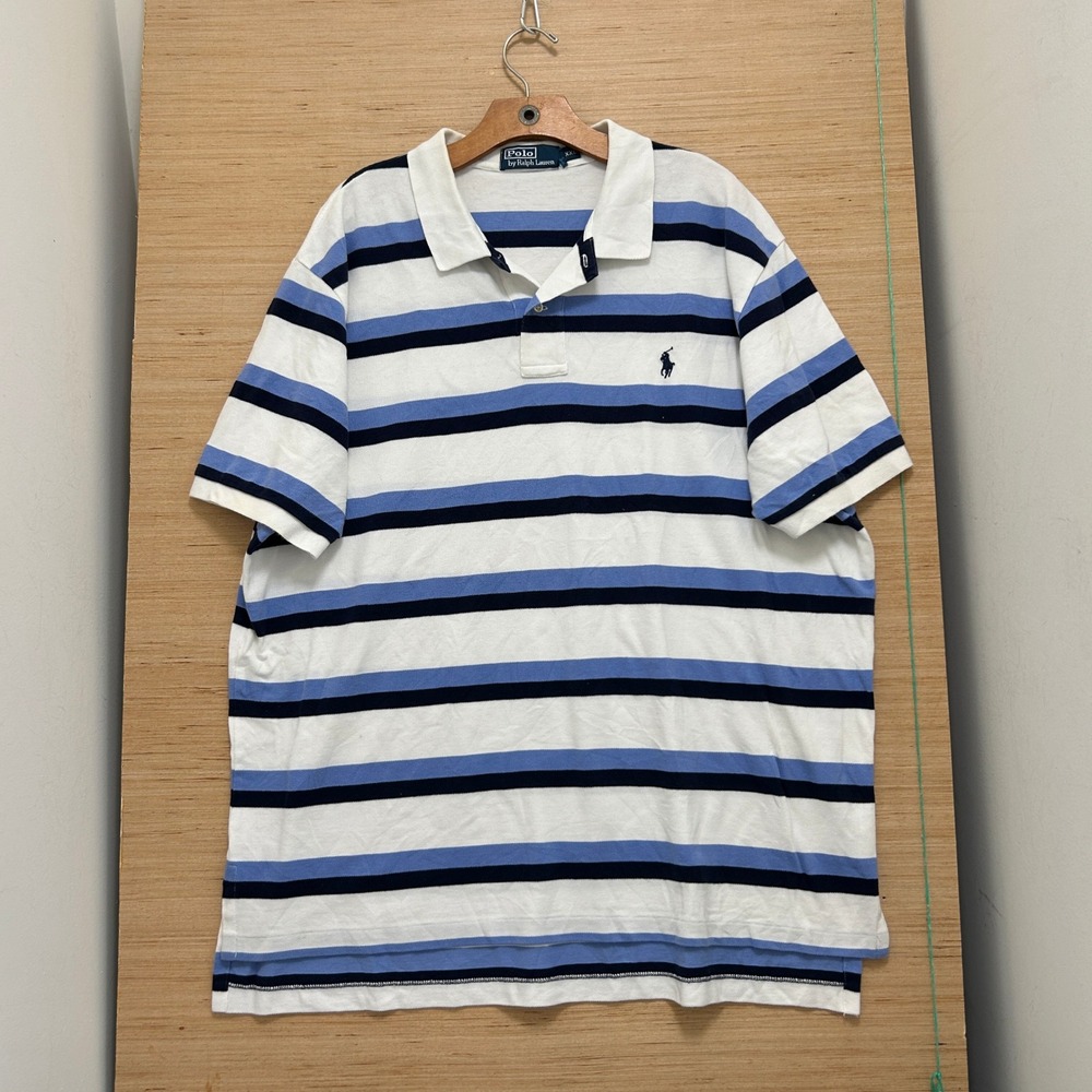 Polo Ralph Lauren Mens XXL Striped Short Sleeve Pique Polo Shirt White Blue